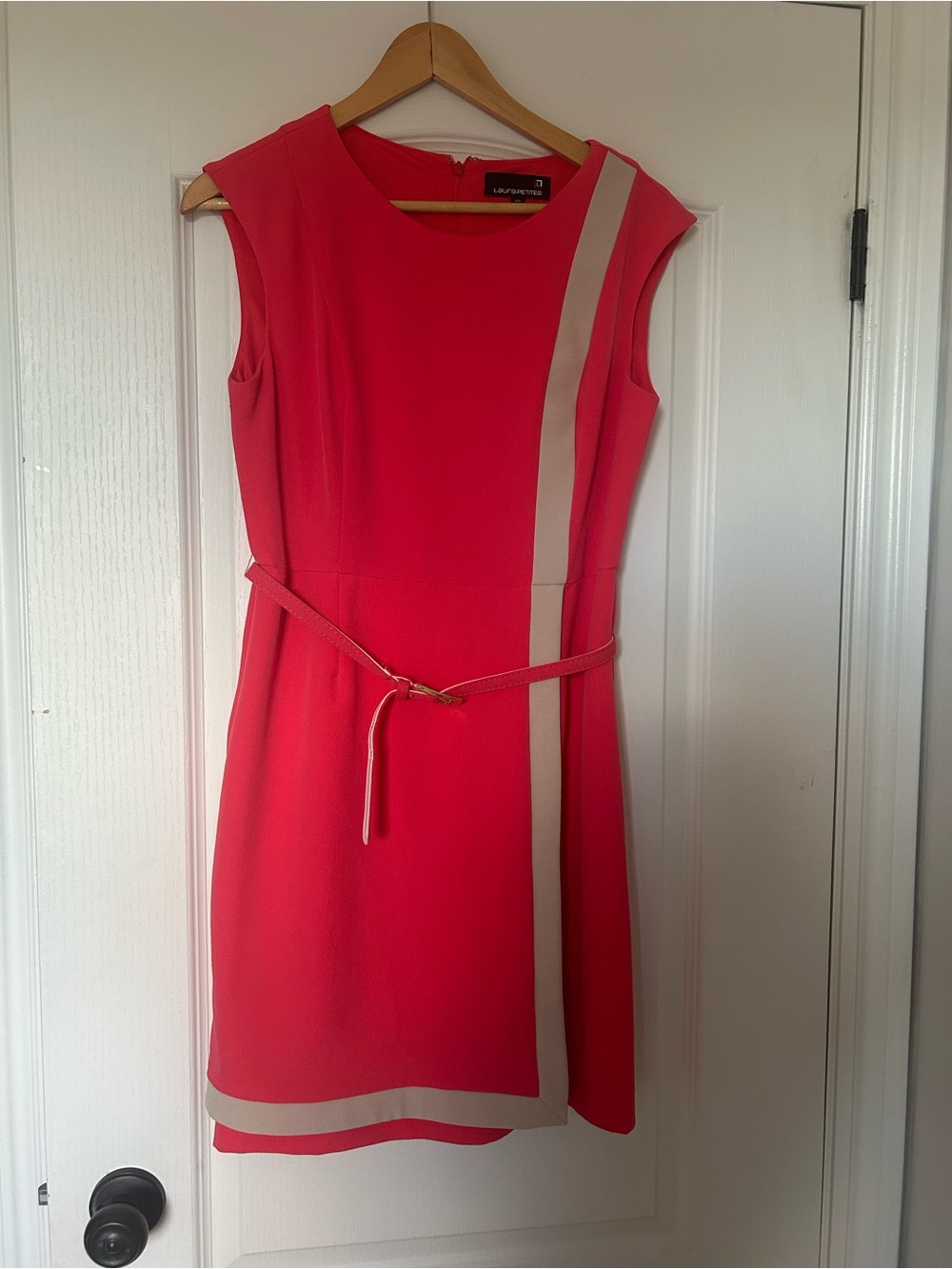 Laura Ashley Coral Pink Sheath Dress with Cream Trim and Belt